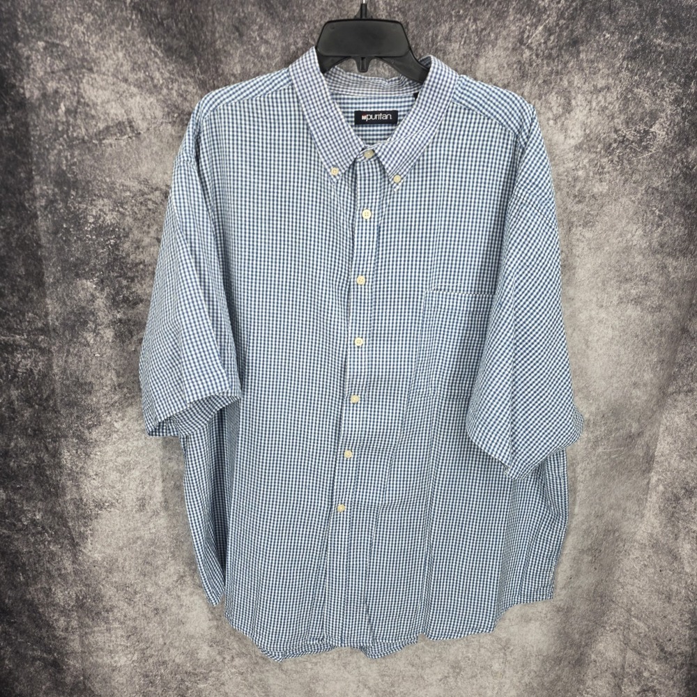 Puritan Shirt Mens 3XL Blue Gingham Check Button Up Short Sleeve Cotton Preppy